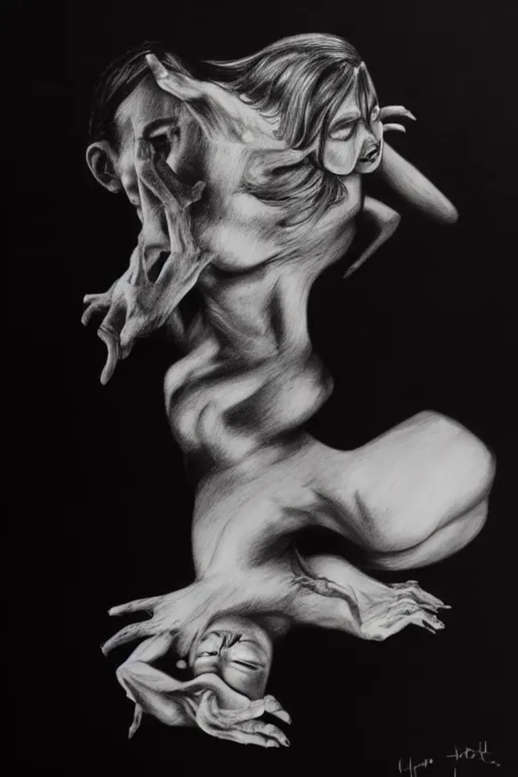 Prompt: Black and white, sharp focus, black background, nightmare , Drawing, soul, two heads, realistic, preserve drawing form