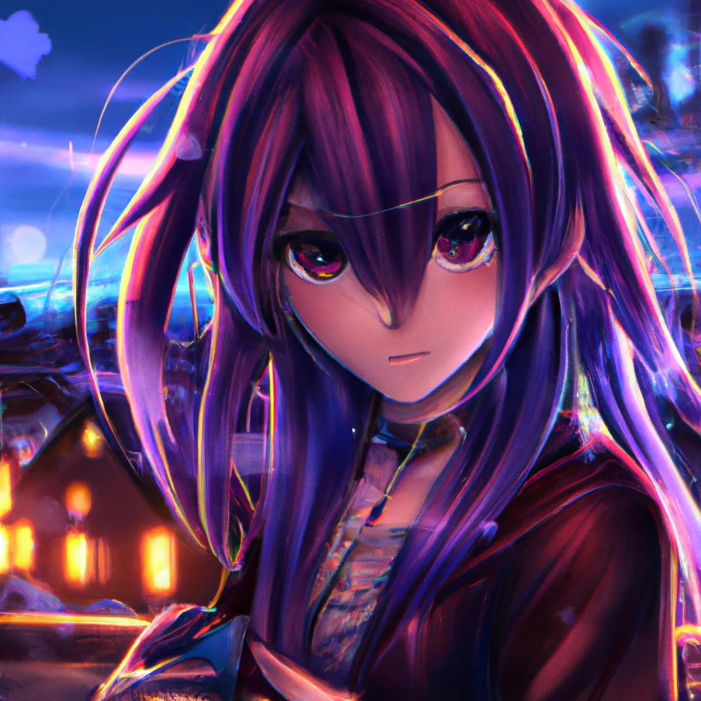 Prompt: cool anime girl, edgy , confident, long scruffy purple hair, wearing a tight-fitted purple leather jacket, background is cyber city,dark purple and blue colour palette, big dark brown eyes, detailed eyes, kyoto animation, free anime, anime, animated, character design, character concept, trending online, 2010s anime, key visual, saturated, high quality, 8k, by Ryota, Rimmu, Ayumi, Kantoku, modern outfit, a gorillas music video still