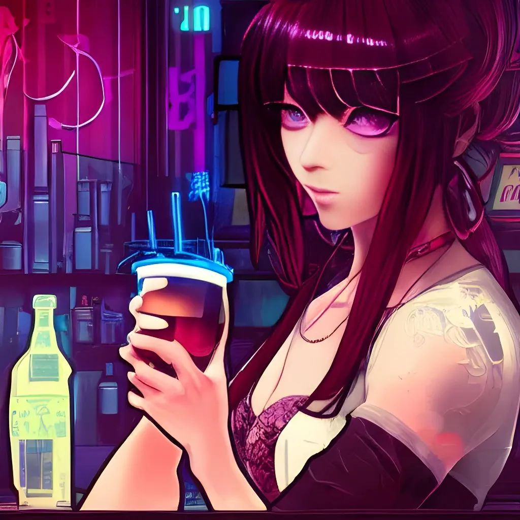 Prompt: beautiful anime va11 hall-a cyberpunk bartender portrait by alphonse mucha, ilya kuvshinov, anime art wallpaper, intricate linework, neon retro bar, volumetric lighting, sharp focus, trending on artstation, unreal engine, volumetric lighting