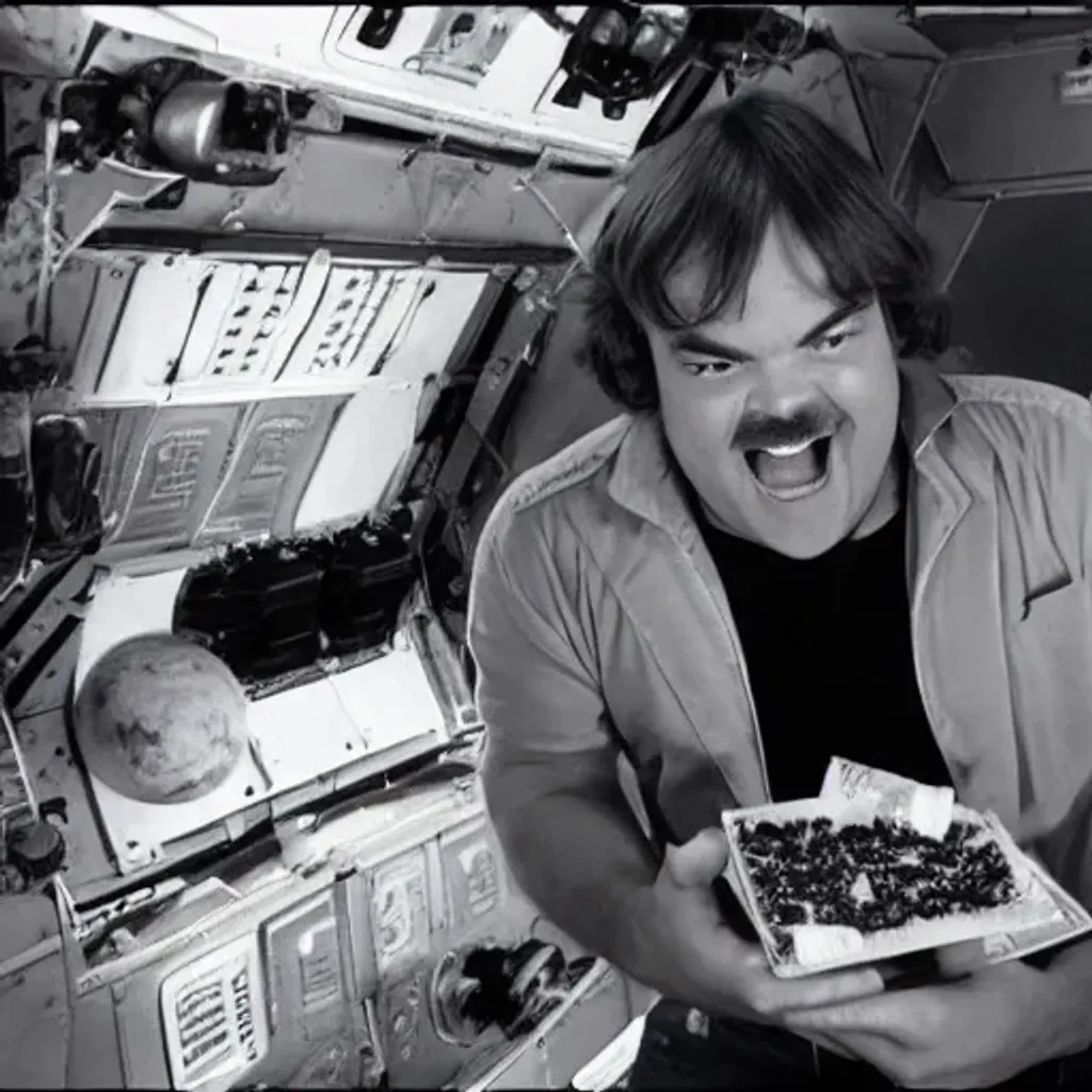 Prompt: Jack Black eating Poptarts in an Apollo Lunar Module on the moon