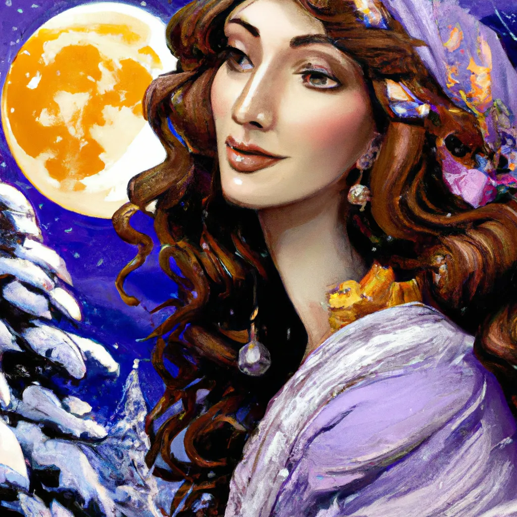 Prompt: digital art by mucha, Dali, Pixar Studio, art nouveau, portrait of a beautiful woman with curly auburn hair, christmas, ethereal fantasy, full moon, pastel color pallete with yellow gold filigree, beautiful woman dressed in flowing purple gown, Christmas tree, snow covered pine forest, holiday decorations, Blender, photoshop, award-winning 