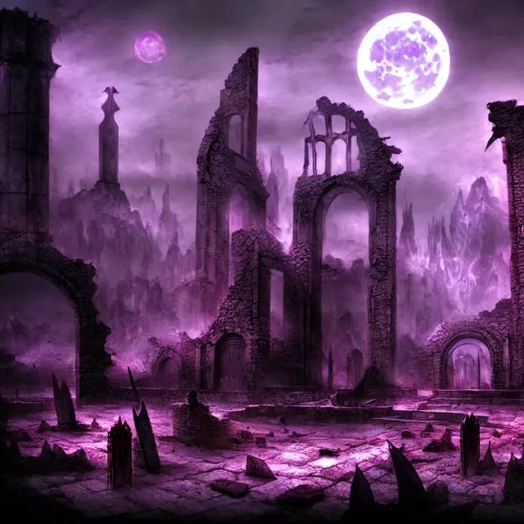 Prompt: landscape fantasy cult art bone dystopian ruins stone war fantasy elesh blood sheoldred eldenring moonlight purple