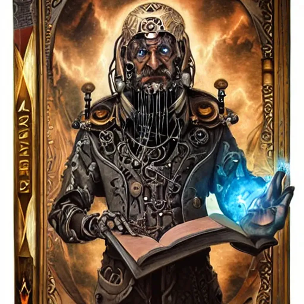 Prompt: Portrait of an ancient and powerful wizard with a steampunk garb and biomechanical enhancements holding an ancient tome of powerful magic, highly detailed, hyper realistic, 4k