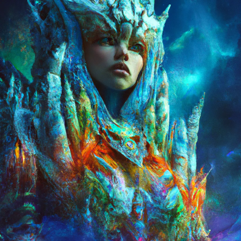 Prompt: beautiful detailed cgi matte painting female space empress of the andromeda, by ellen jewett, alessio albi | symmetrical features, ominous, alluring, vivacious, realism, intricate, ornate, royally decorated, organic, growth, whirling nebulas, glowing particles, colorful adornments, colorful torn fabric, radiant colors