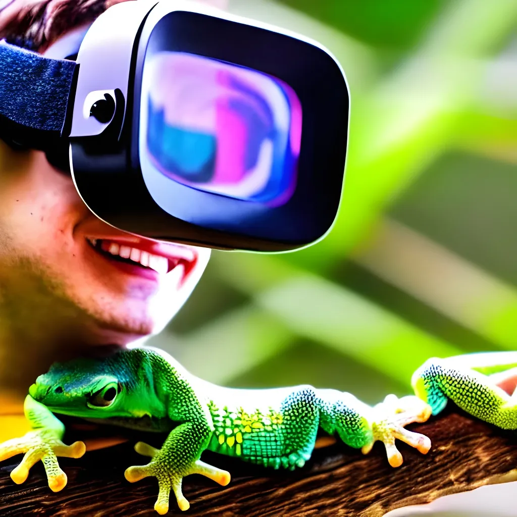 Prompt: cute gecko lizard, comic smirking, wearing FPV VR headset goggles with antenna, close up, soft light, F1.8, futuristic, profile, smiling