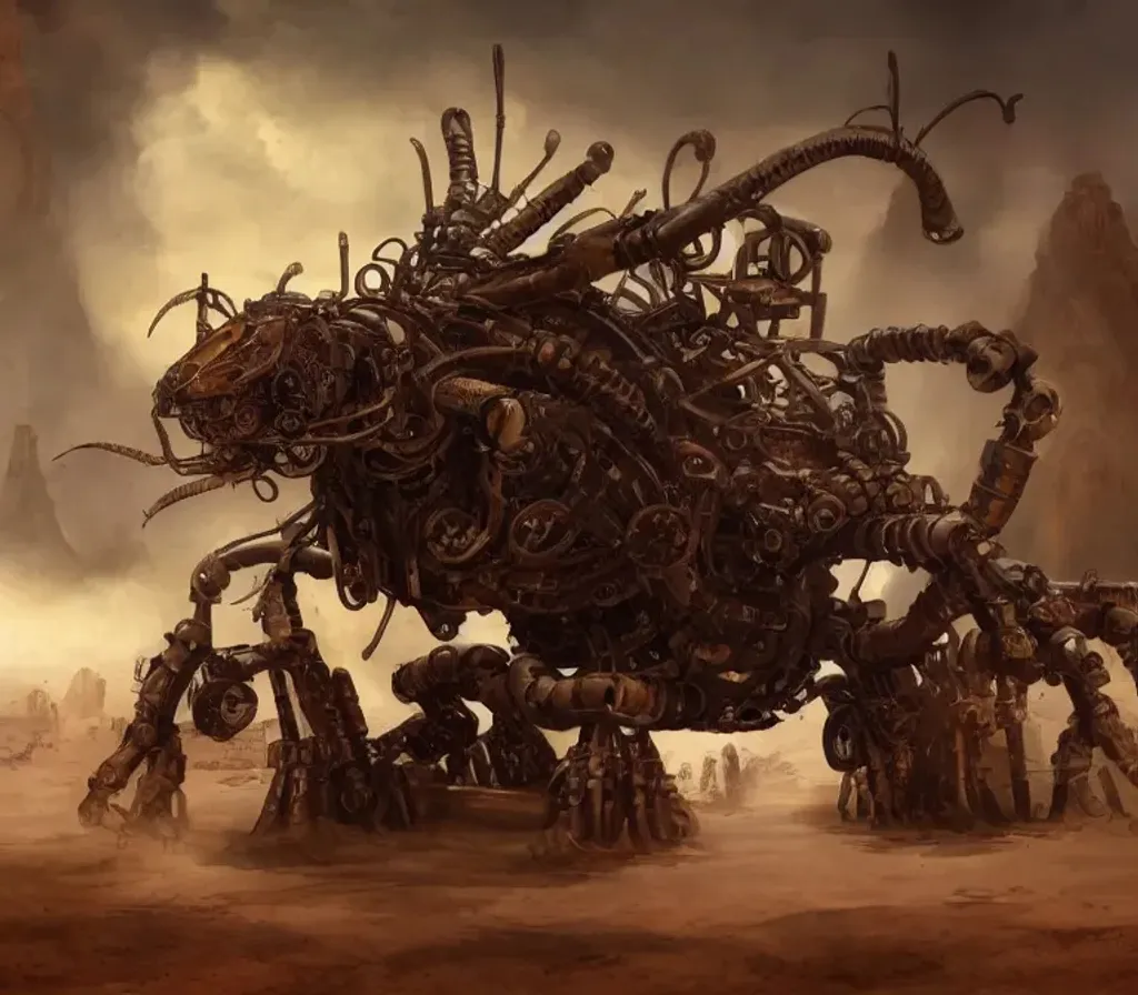 Prompt: giant steampunk mechanical scorpion, concept art, wild west, desert, digital art 