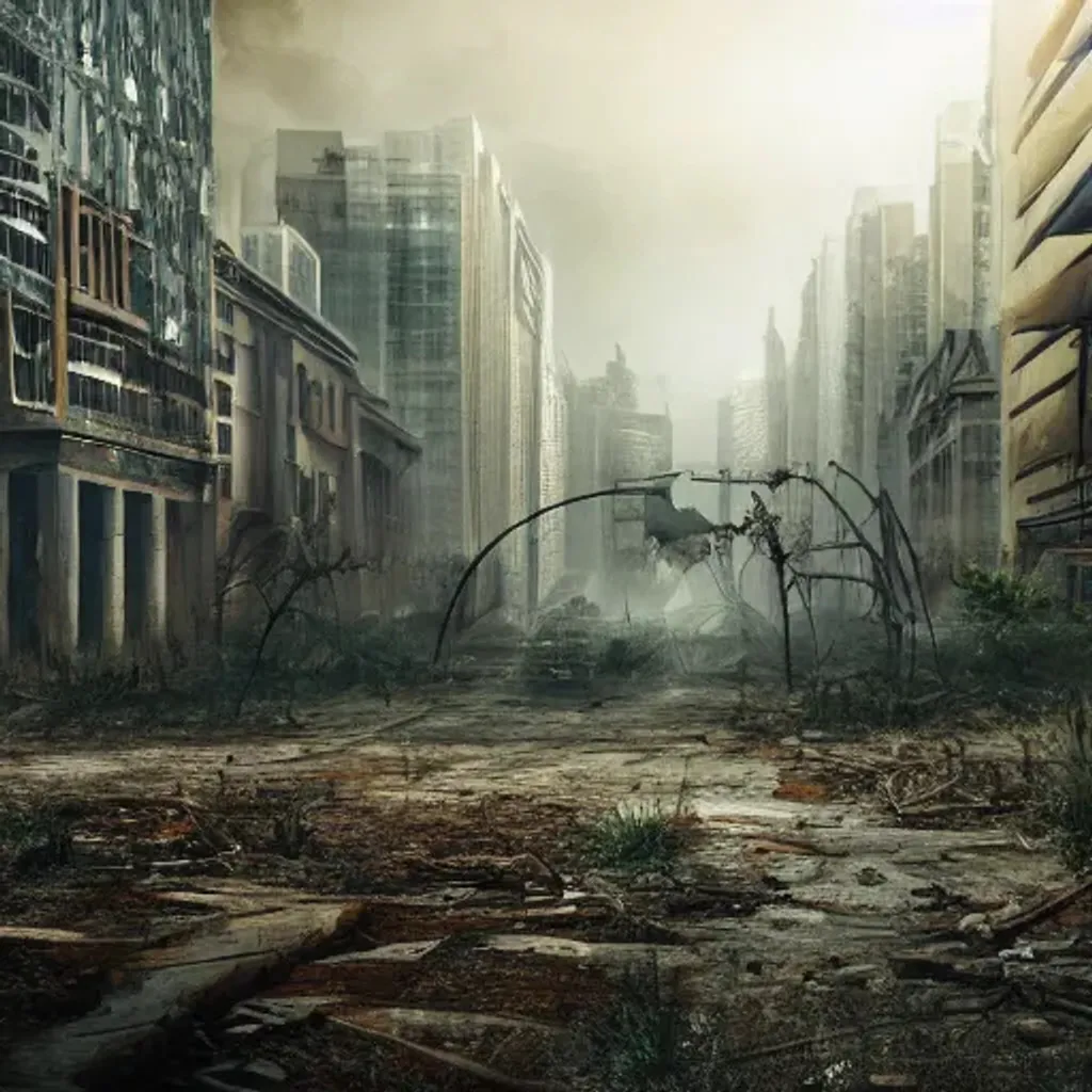 a post apocalyptic city street between dystopian bu... | OpenArt