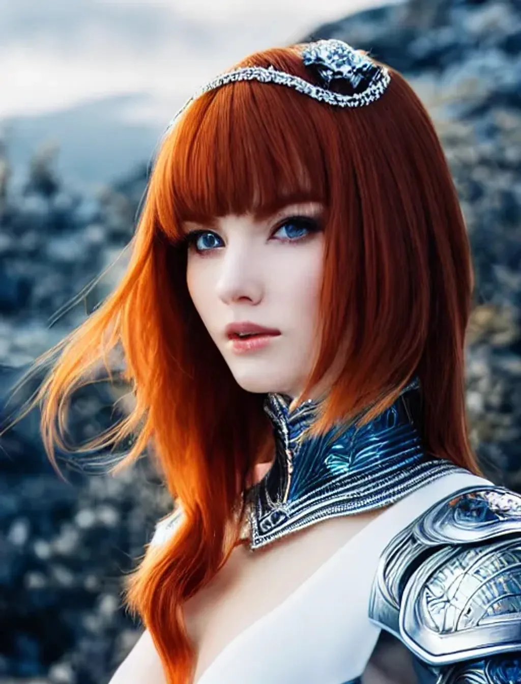 Prompt: ilya kuvshinov, a woman, ginger hair, short hair, diamond face shape, strong jawline, very long hair, pale skin, intricacte, elegant, mystical beauty, freckles, silky hair, waist up shot, white armor, big anime blue dreamy detailed eyes, HDR, high quality, detailed eyes, dynamic pose, UHD, 8K, illustration, smooth, sharp focus, soft lighting, trending on artstation, trending art, digital painting, detailed face, hyperrealism, perfect face, masterpiece, ultra-realistic face, hyperdetailed face features, symmetrical eyes, short neck, character concept art, 