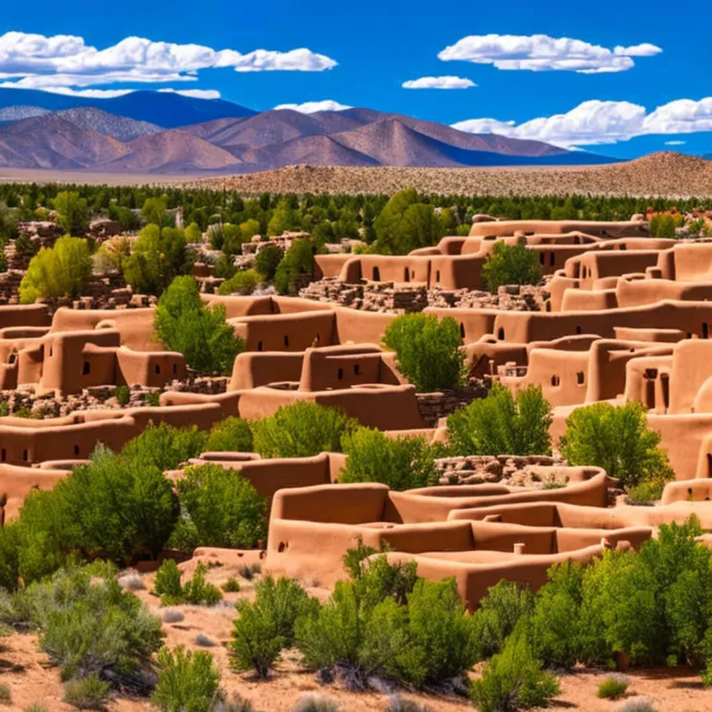 Prompt: long shot scenic professional photograph of {taos Indian Pueblo}, perfect viewpoint, highly detailed, wide-angle lens, hyper realistic, with dramatic sky, polarizing filter, natural lighting, vivid colors, everything in sharp focus, HDR, UHD, 64K