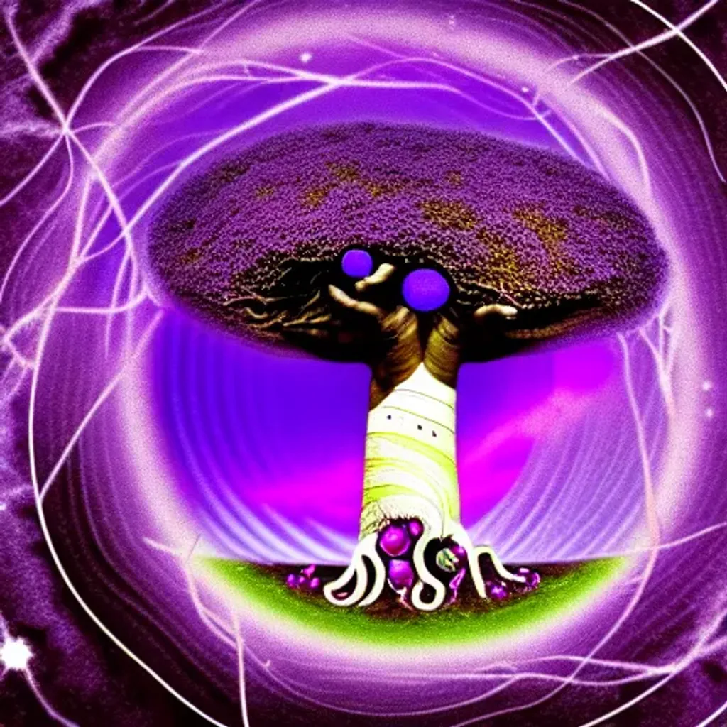 Prompt: Cosmic energy, breathing baobab tree, spiral veins, purple mushrooms, cinematic, collage