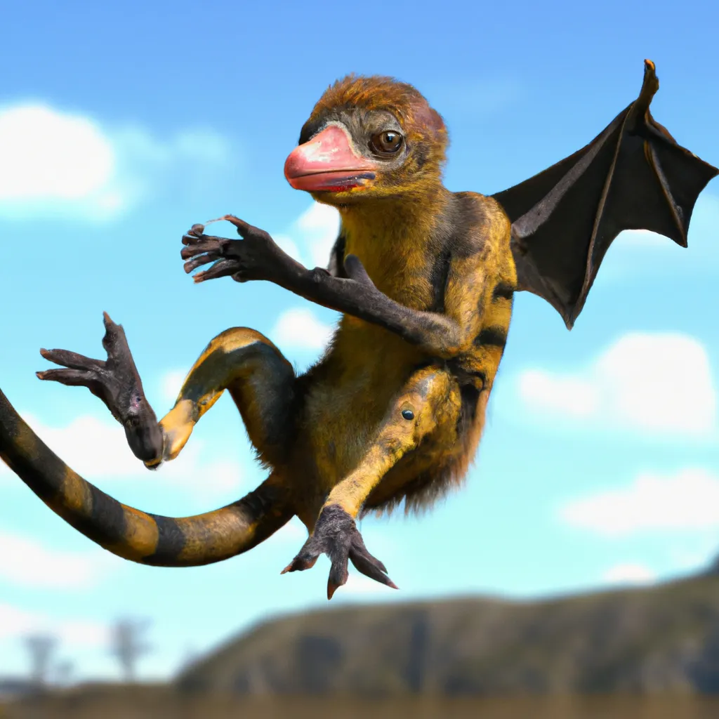 Prompt: ancient has dinosaur head chimera of Sunda Flying Lemur ,has macrauchenia's trunk, and similart to the duck-billed platypus , amazing, warning coloration on the skin, dinosaur .  pre-historic, Full shot, Long shot, speculative evolution. Highly realistic, accurate anatomically correct paleoart, ultra-realistic CGI representation,  hyperrealistic, award-winning wildlife photography,  4k, trending on artstation, staged photography , scientifically correct