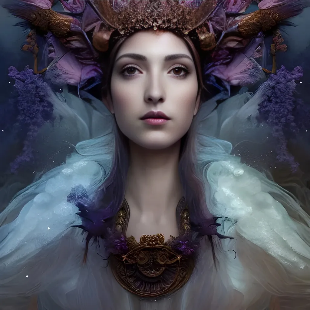 Prompt: beautiful detailed cgi matte painting female greek god empress of destruction, by ellen jewett, alessio albi | symmetrical features, ominous, alluring, vivacious, realism, intricate, ornate, royally decorated, organic, growth, whirling nebulas, glowing particles, colorful adornments, colorful torn fabric, radiant colors