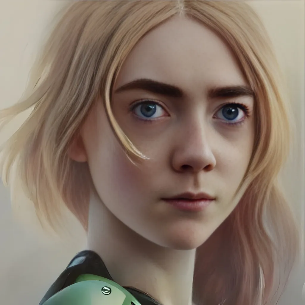 Prompt: beautiful girl detailed eyes beautiful face a perfect mix of saoirse ronan and elle fanning wearing samus aran's metroid power varia gravity suit armos in space three quarters portrait in by greg rutkowski
