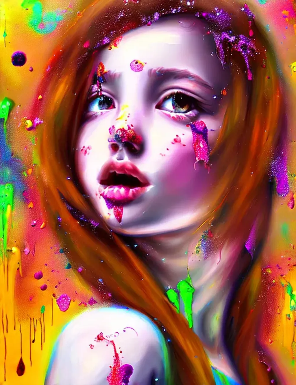 Prompt: paint splatter with long drips, portrait of a very beautiful young girl, very attractive, very cute nose perfect lips intricate girlish charm, curly flyaway hair, highly detailed, digital painting, sharp focus, dof, ultra reallistic, extremely detailed, intricate, artgerm, ambient lighting  award winning, fantastic view, colourful, intriguing 