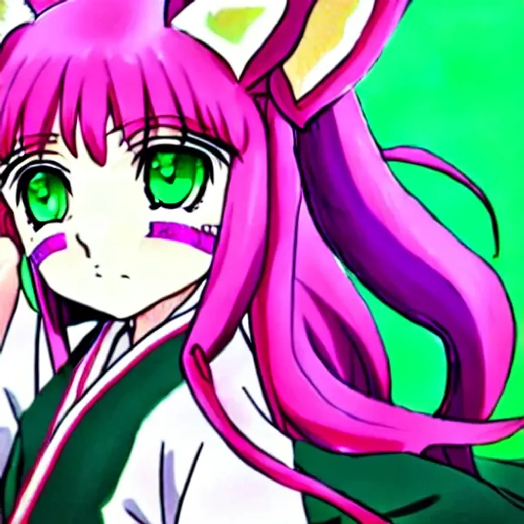 Prompt: Anime girl with fox ears and tail, green eyes, pink hair, kimono, cartoon, detailed, demon, inuyasha, 