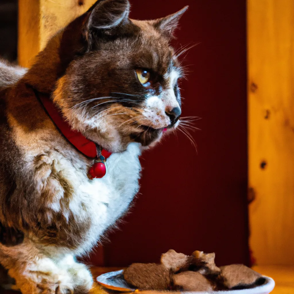 Prompt: A cat sitting on a table eating treats