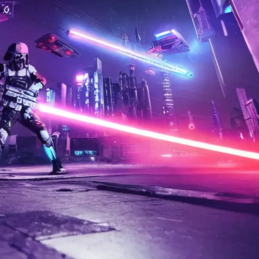 Prompt: lightsabers, death, cyberpunk-town, night, street. soldiers-squad, 4k, neon glow, purple sky, middle of an battle, futuristic planes dropping bombs on a city, lightsaber fight