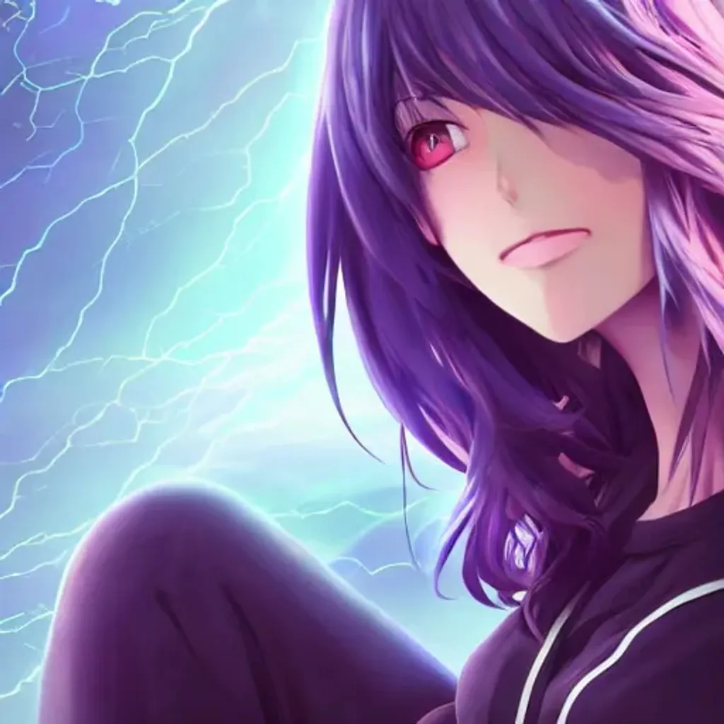 Prompt: render as a very beautiful 3d anime girl, long scruffy purple hair, azure blue eyes, full round face, short smile, casual clothes, unfocused thunderstorm in background, cinematic lightning, medium shot, mid-shot, highly detailed, trending on Artstation, Unreal Engine 4k, cinematic wallpaper, detailed art , uber detailed, blue colour palette