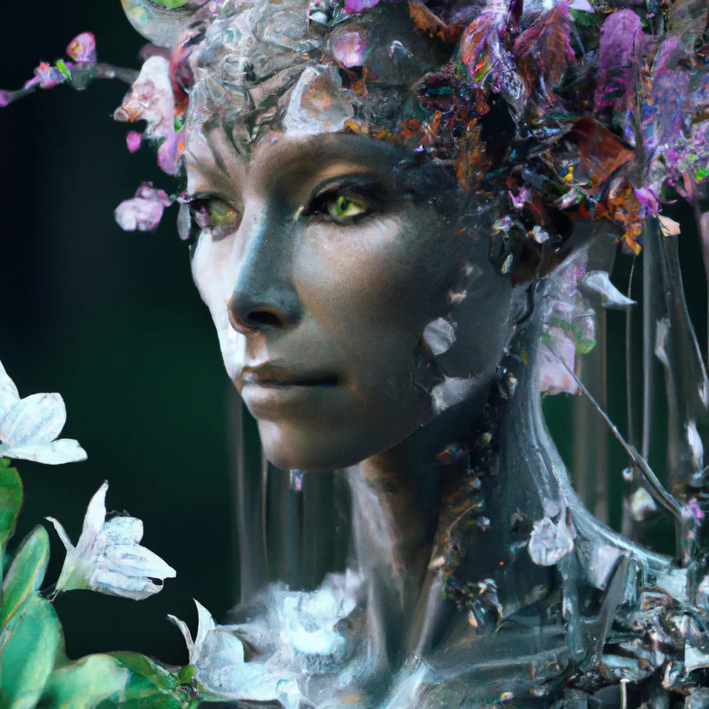 Prompt: Portrait of a Cyborg Fairy with flowers, hyperrealistic, cinematic, full hd, highly detailed, digital, unreal engine 5, octane, high definition, trending in artstation, sharp focus, smooth, 8k, 80mm lens