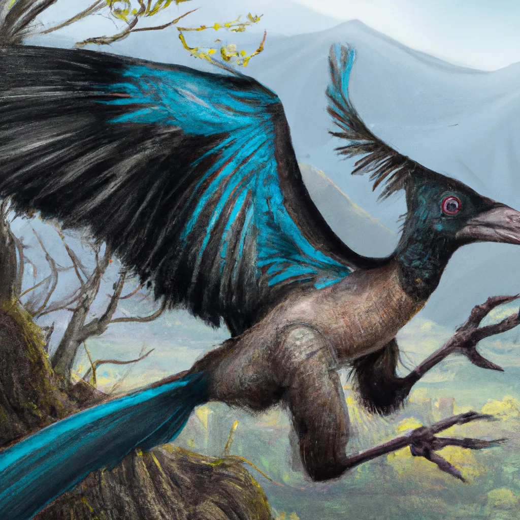 Prompt: The giant Archaeopteryx Corvid Steller's Jay chimera from the pre-historic era. flying dinosaur is in its habitat. Full shot, Long shot, speculative evolution. Highly realistic accurate anatomical illustration, transitional features with birds, amazing colors and patterns on its feathers, hyperrealistic , amazing lighting