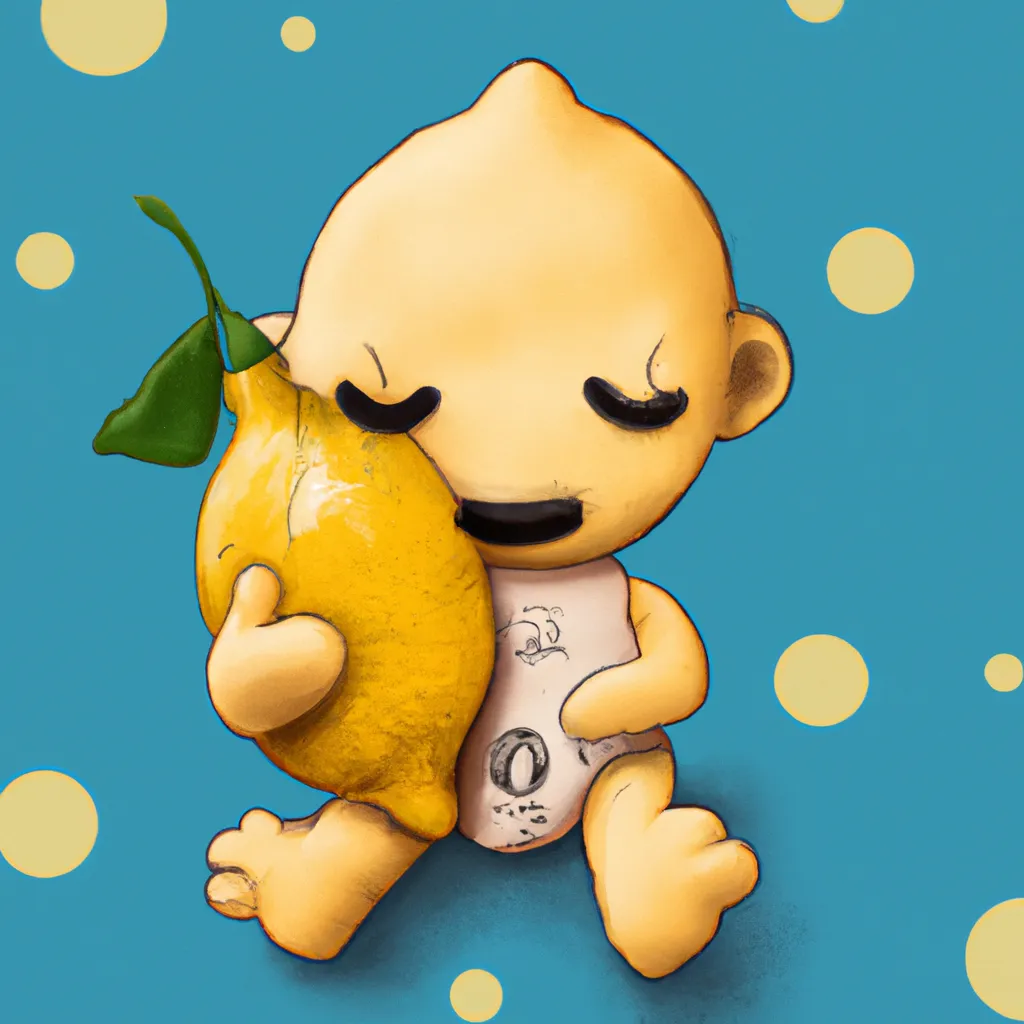 Prompt: A baby lemon character wearing genes while holding its favourite toy, digital drawing, trending on artstation