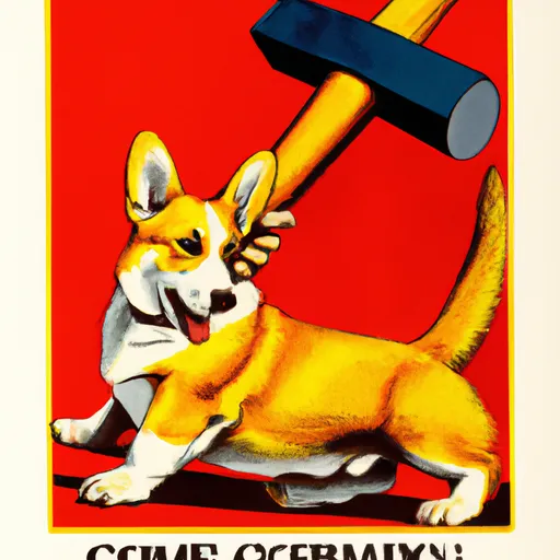 Prompt: Soviet propaganda poster featuring a corgi holding a hammer