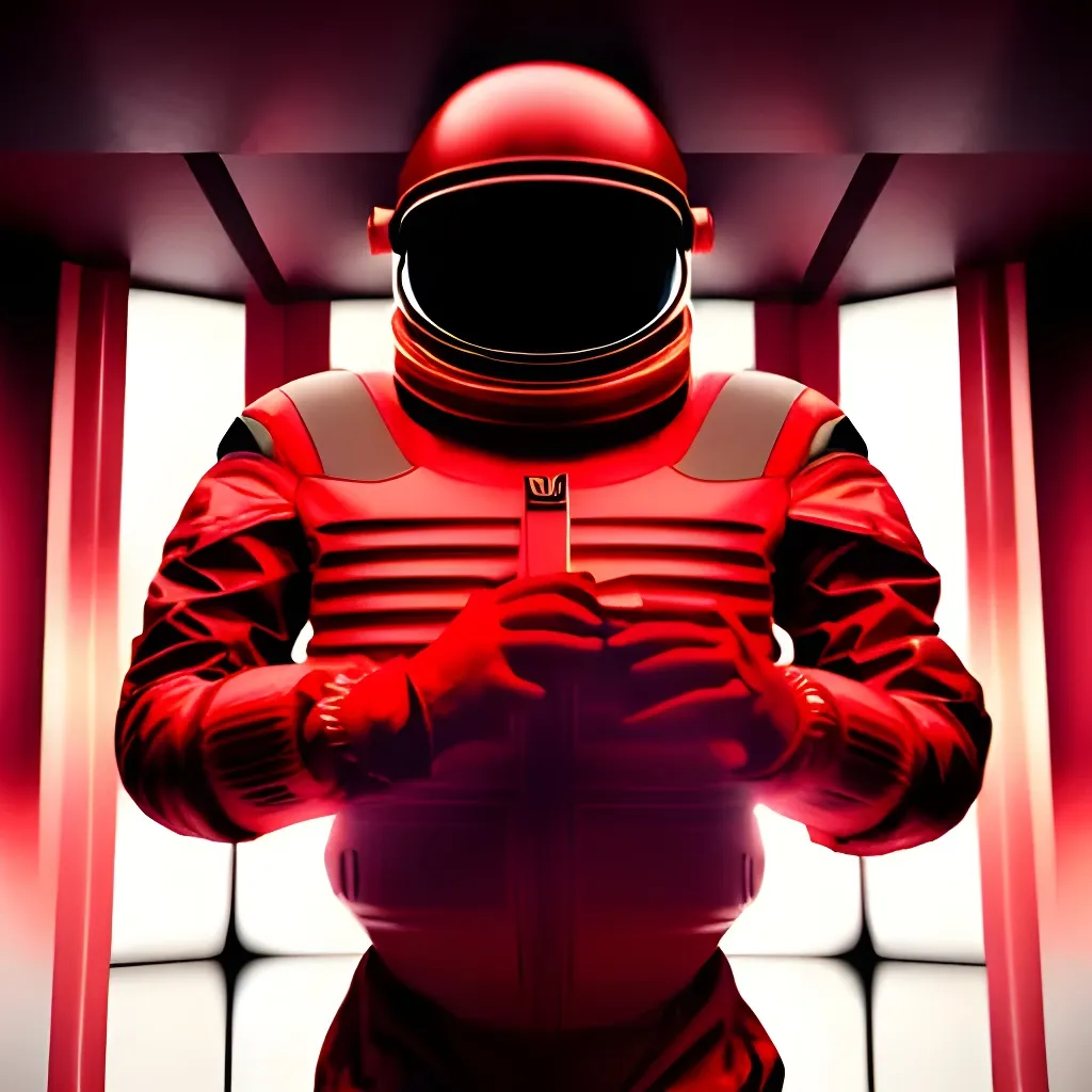 Prompt: Moody Portrait of a red Futuristic Cyberpunk Space Suit with an athletic masculine body,facing towards the camera with swagger,Cinematic Stanley Kubrick movie still, 8K, digital art, unreal engine 5 render, octane render, photorealistic, photography, professional lighting and composition, award winning, intricate details, iconic movie shot by Stanley Kubrick with ring lights