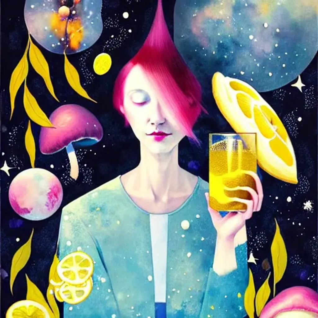 Prompt: Character portrait by Ryan Hewett, Beautiful woman drinking lemon and mushroom tea, hq, fungi, celestial, portrait, victo ngai, moon, lemons, galaxy, moon, stars 