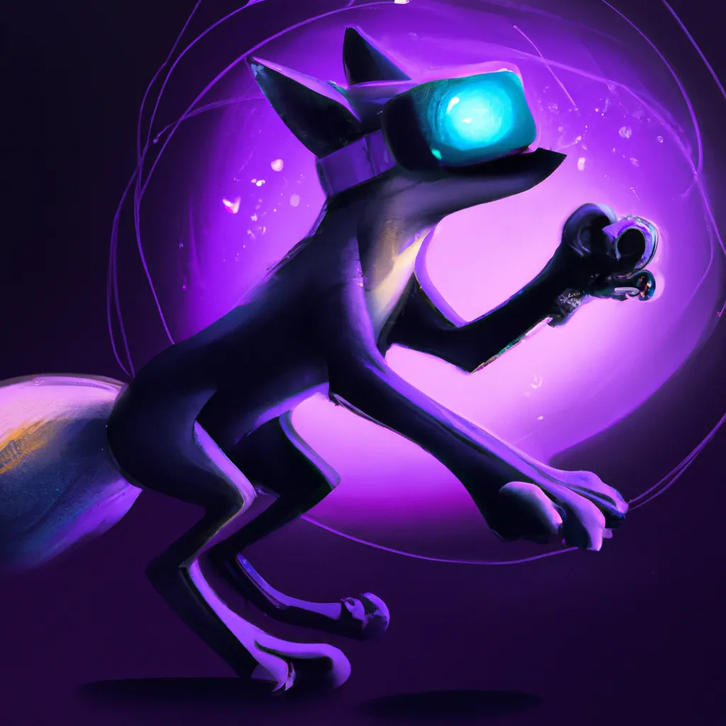 Prompt: Black and Purple humanoid bipedal fox character playing a game in virtual reality, pixar, dreamworks, galaxy, intergalactic, sparkling, trending on artstation