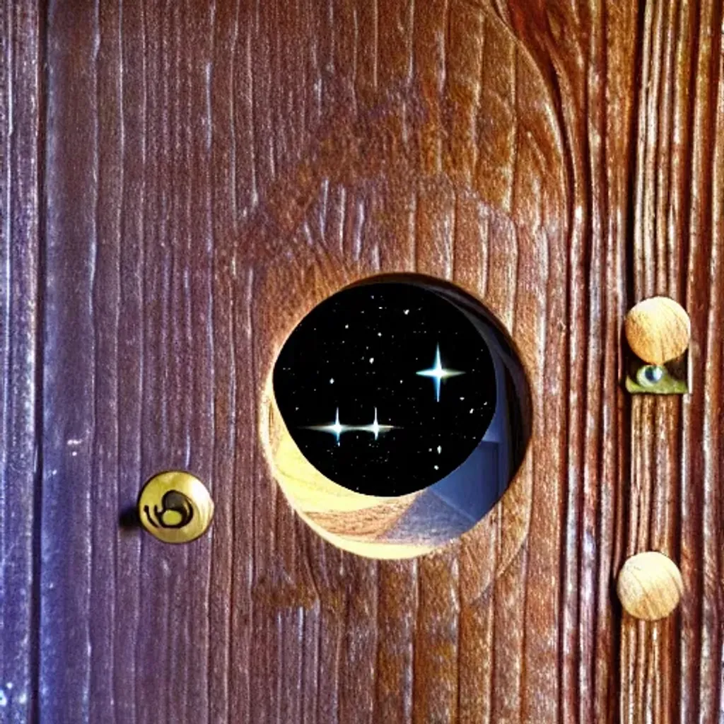 Prompt: looking through keyhole, wooden door, fantasy world of the Gemini constellation in space.