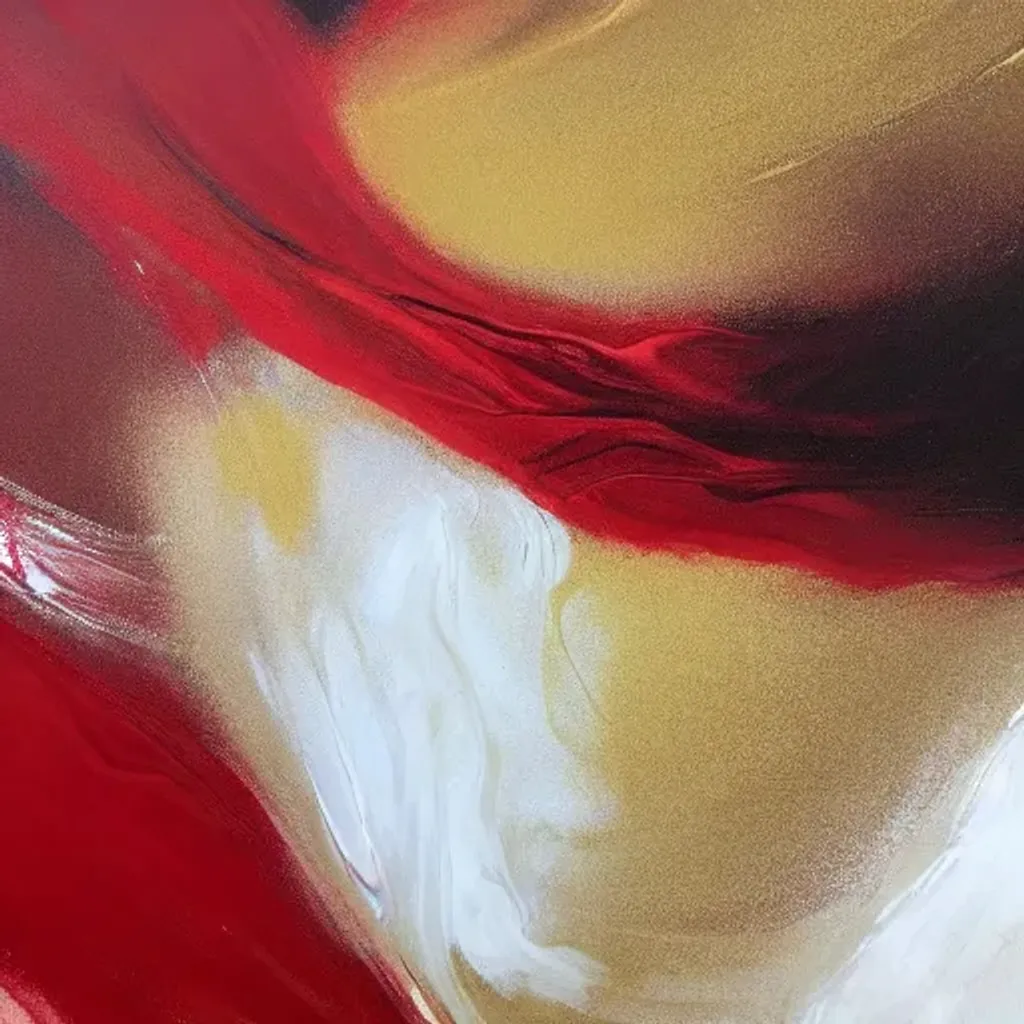 Prompt: a close up of a painting with red and white and gold paint, an abstract painting, by Johanna Marie Fosie, trending on unsplash, digital art, in the style of ross tran, organic swirling igneous rock, charli bowater and artgeem, trending on artstation