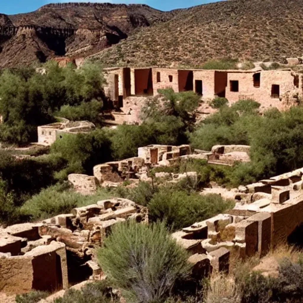 Prompt: Photograph of ancient pueblo ruins in a canyon, showing terraced gardens and lush desert vegetation in the foreground,  by Timothy H. O'Sullivan.