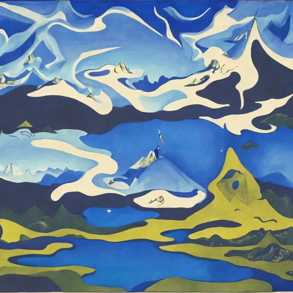 Prompt: a surreal landscape in the style of Salvador Dali featuring a large, looming mountain in the background. The mountain is made up of a variety of shapes and colors, with a few jagged edges and a few smooth curves. In the foreground, there is a lake with a few small islands in it. The lake is a deep blue color, and the islands are made up of various shapes and colors. There is a small boat in the lake, and a few birds.