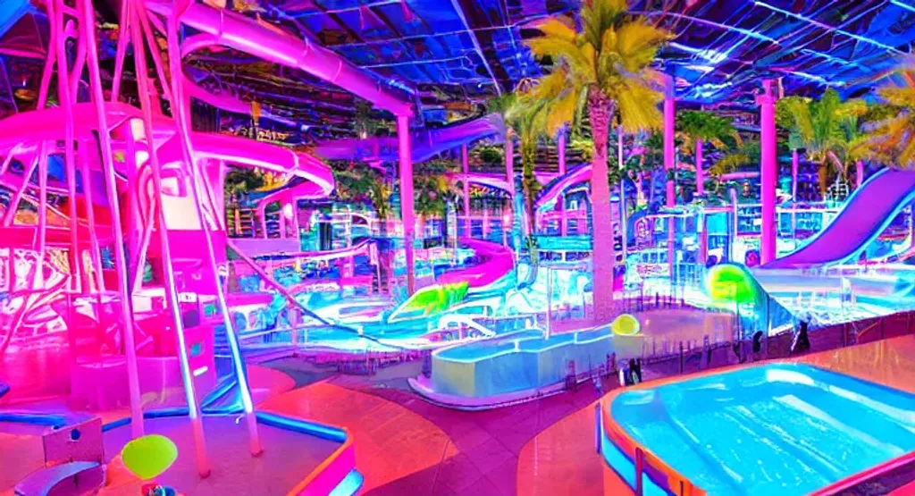 Prompt: large indoor waterpark with rainbow slides, neon lights, colorful lighting, realistic water, and palm trees, vaporwave aesthetic, ultra detailed, photorealistic, mirrored surfaces, sky lights, wave pool