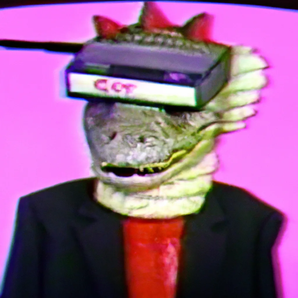 Prompt: A 1993 VHS footage of a guy with a lizard head wearing butcher clothes 