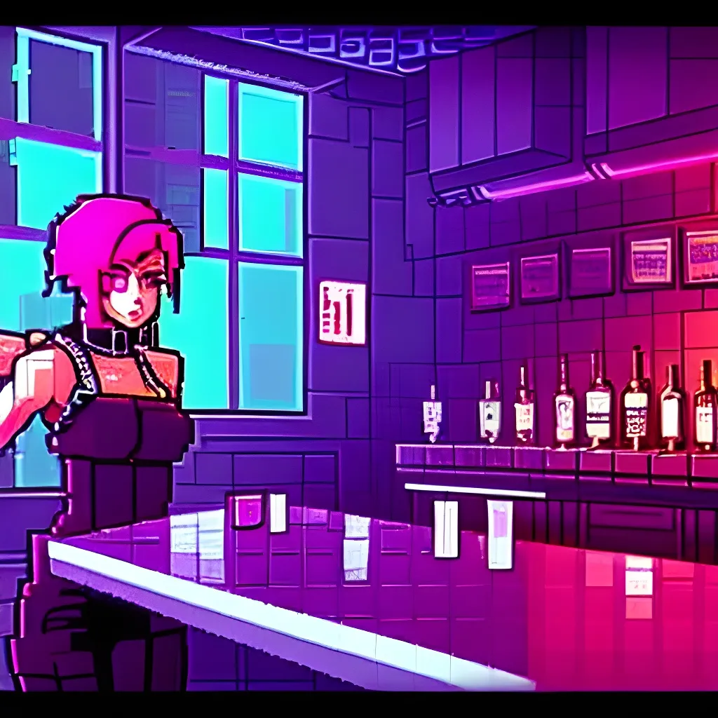 Prompt: va11 hall-a cyberpunk bartender, beautiful  2D pixel art by lbertov, ilya kuvshinov, LucasArts, 8-bit, SNES, retro, dithered, sharp focus, polycount contest winner, voxel art