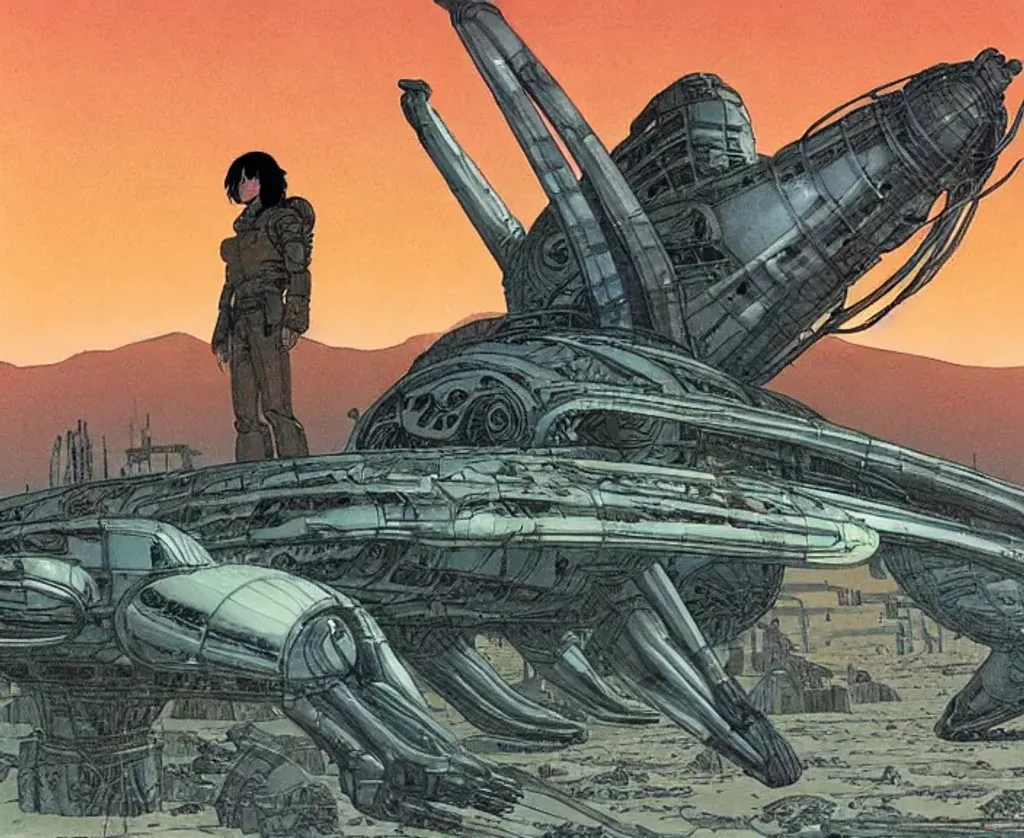 Prompt: Man with long dark brown hair standing wearing battlesuit in alien dessert next to destroyed alien craft, by Makoto Kobayashi, by Moebius, by Jean Giraud, manga, anime style, 80's, Intricate, Hand drawn, concept art, grainy color, dim lighting, Anime Key Visual, beautiful composition