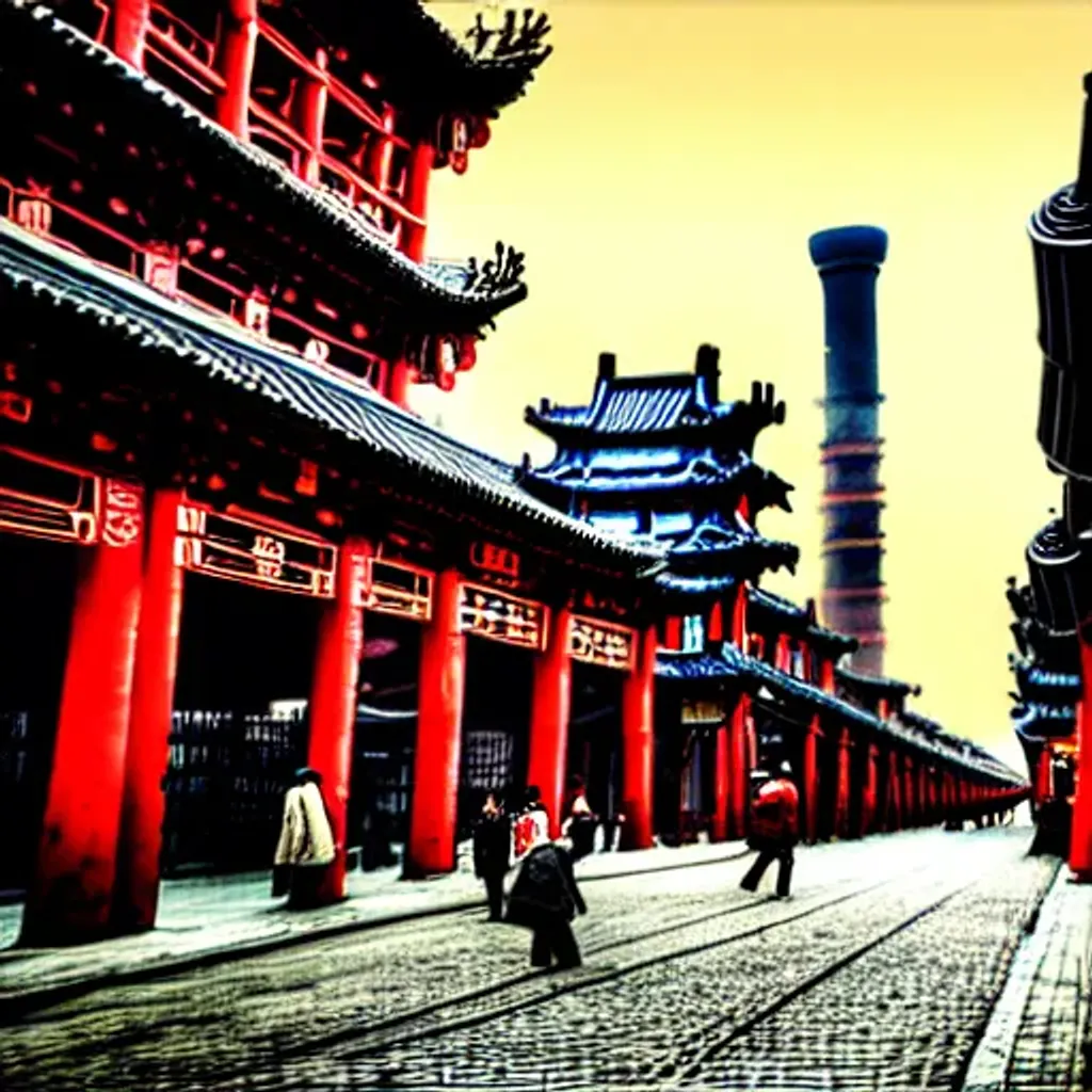 Prompt: Steampunk Chinese city with steam-powered robots and locomotives in the streets, factories and smokestacks, cobblestone streets, gritty, broad light, wide angle, over the shoulder point of view, overcast, highly detailed, picturesque, romantic, vivid colors