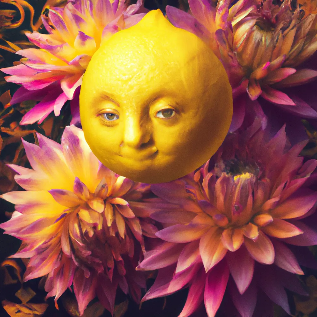 Prompt: A yellow lemon surrounded by beautiful Dahlias. Digital art by Mark Ryden