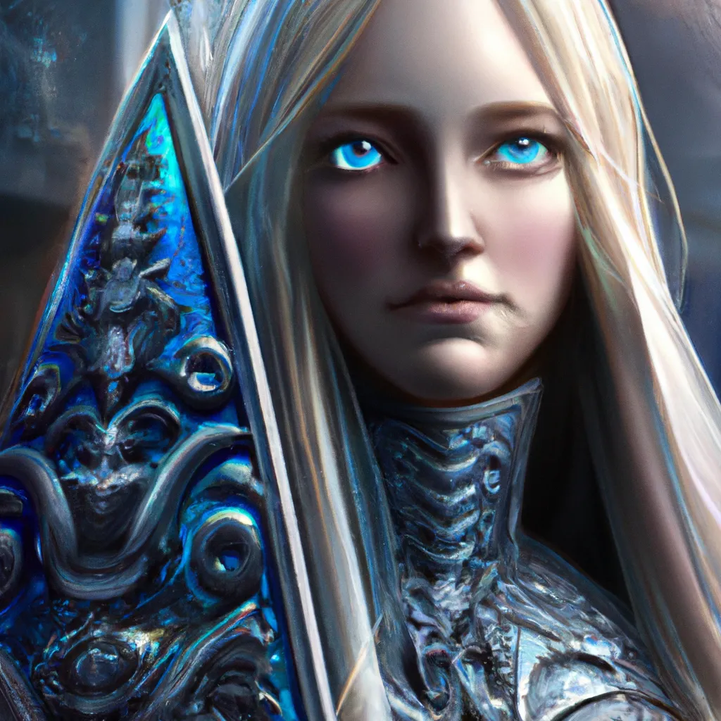 Prompt: portrait of a girl with long blond hair and blue eyes, ornate intricate silver battle armor, long blue mantel, intricate, elegant, highly detailed, digital painting, artstation, concept art, smooth, sharp focus, illustration