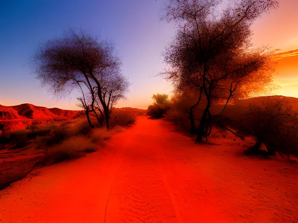 Prompt: Landscape image, dusty trail through a desert canyon, surround by brush and one tree on right side, sunrise colors, blues, red, oranges, highly detailed
