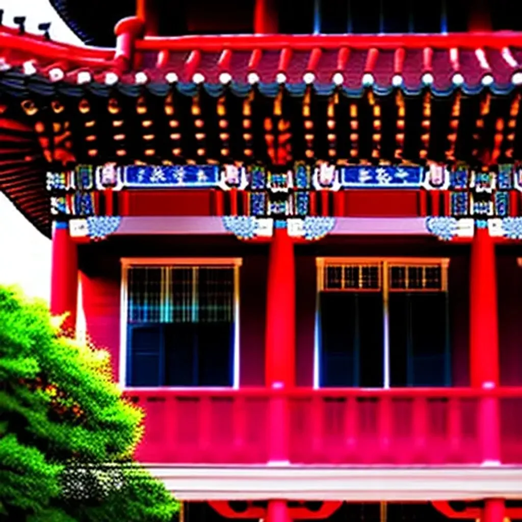 Prompt: A blend of Colonial American architecture and Chinese architecture, tiled roofs, photograph, broad light, cinematic lighting, rich lighting, vivid colors, highly detailed