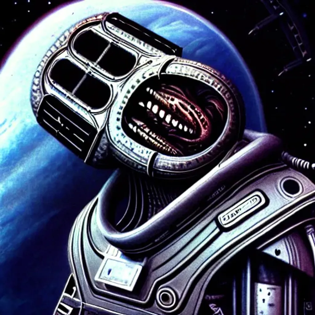 Prompt: spaceship, mouth, faces, technology, carrier, gigantic, outer space, highly detailed, realistic, hr giger