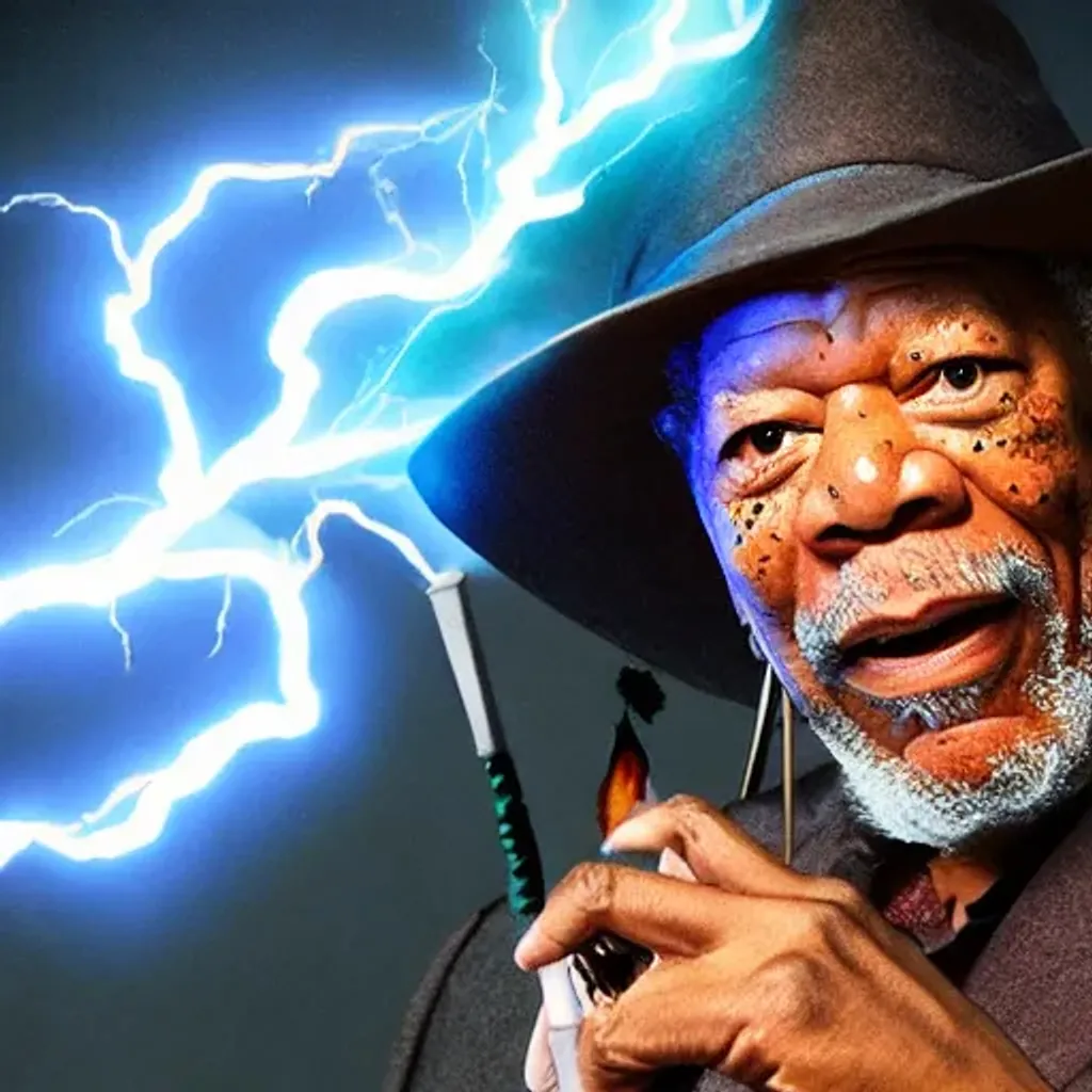 Prompt: Morgan Freeman as a dark magician, angry, lightning, 4K, 8K, High Resolution