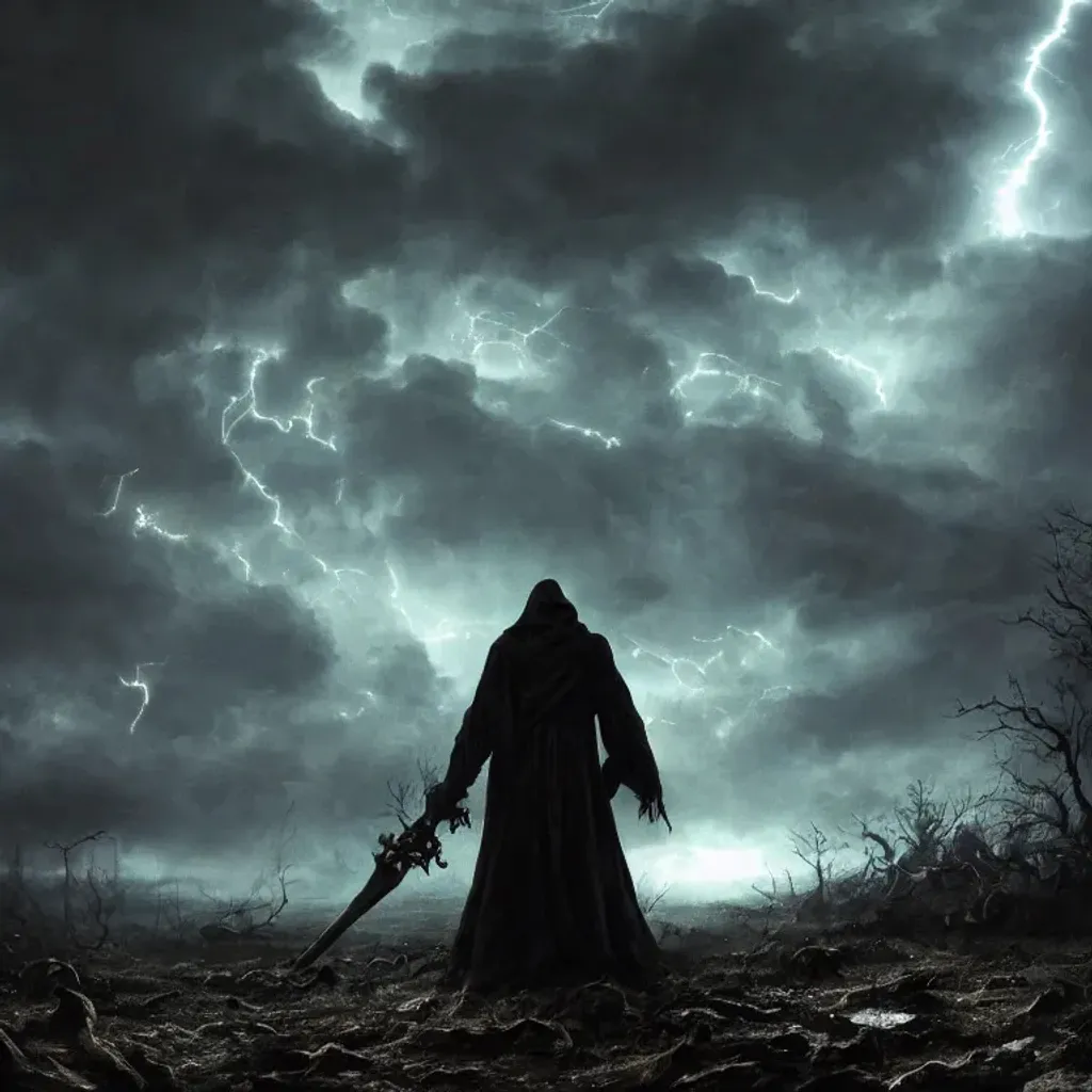 Prompt: the reaper of death stands in a cosmic lightning storm, grim depressing, loneliness, liminal space, highly detailed, studio lighting, cinematic lighting, trending on artstation, by Caspar David Friedrich and Johan Christian Clausen Dahl, Swords scattered around the Landscape, Wallpaper, loneliness, liminal space, highly detailed background, trending on artstation, horror mood
