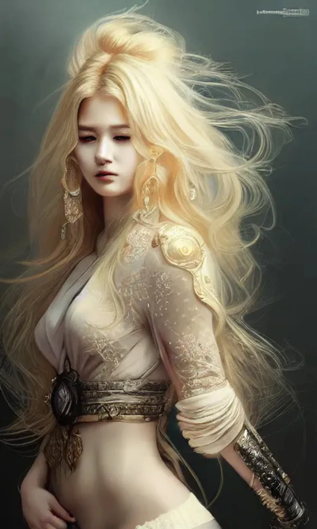 Prompt: matte portrait, feminine elegant ethereal beautiful kpop princess with intricately decorated cyberpunk streetwear, blonde balayage wild hair, royal vibe, highly detailed, digital painting, Trending on artstation , HD quality, by artgerm and greg rutkowski and alphonse mucha, dramatic light, octane