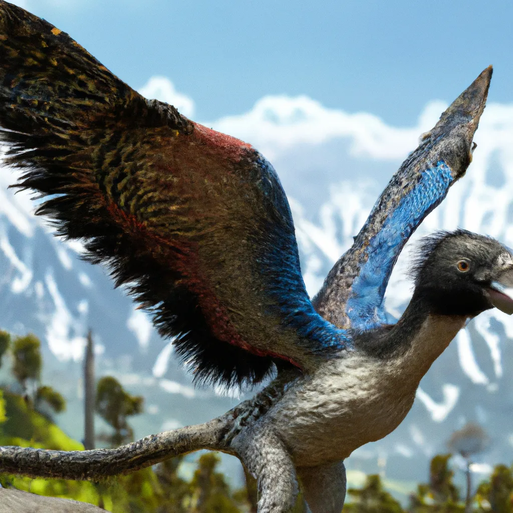 Prompt: The giant Archaeopteryx Corvid Steller's Jay chimera from the pre-historic era, in its habitat.  speculative evolution. Highly realistic accurate anatomical CGI representation, transitional features with birds, amazing colors and patterns on its feathers, hyperrealistic, ZBrush sculpt