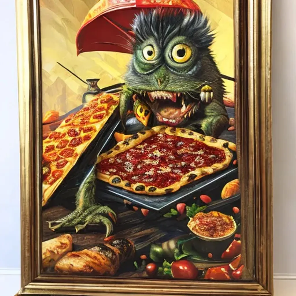 Prompt: full portrait pizza monster, highly detailed, cyberpunk oil painting