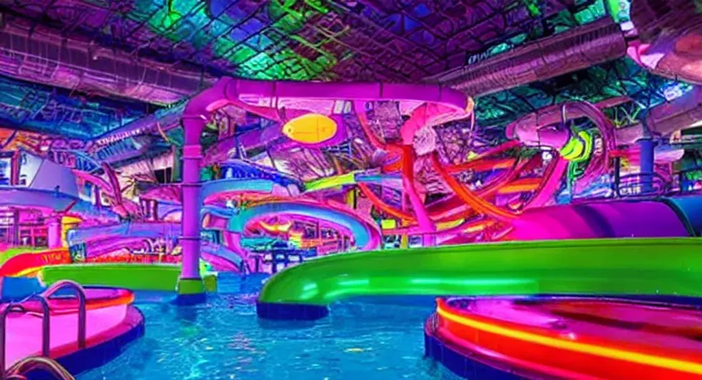 Prompt: worlds largest indoor waterpark with rainbow slides, neon lights, colorful lighting, realistic water, and palm trees, vaporwave aesthetic, ultra detailed, photorealistic, mirrored surfaces, sky lights, wave pool