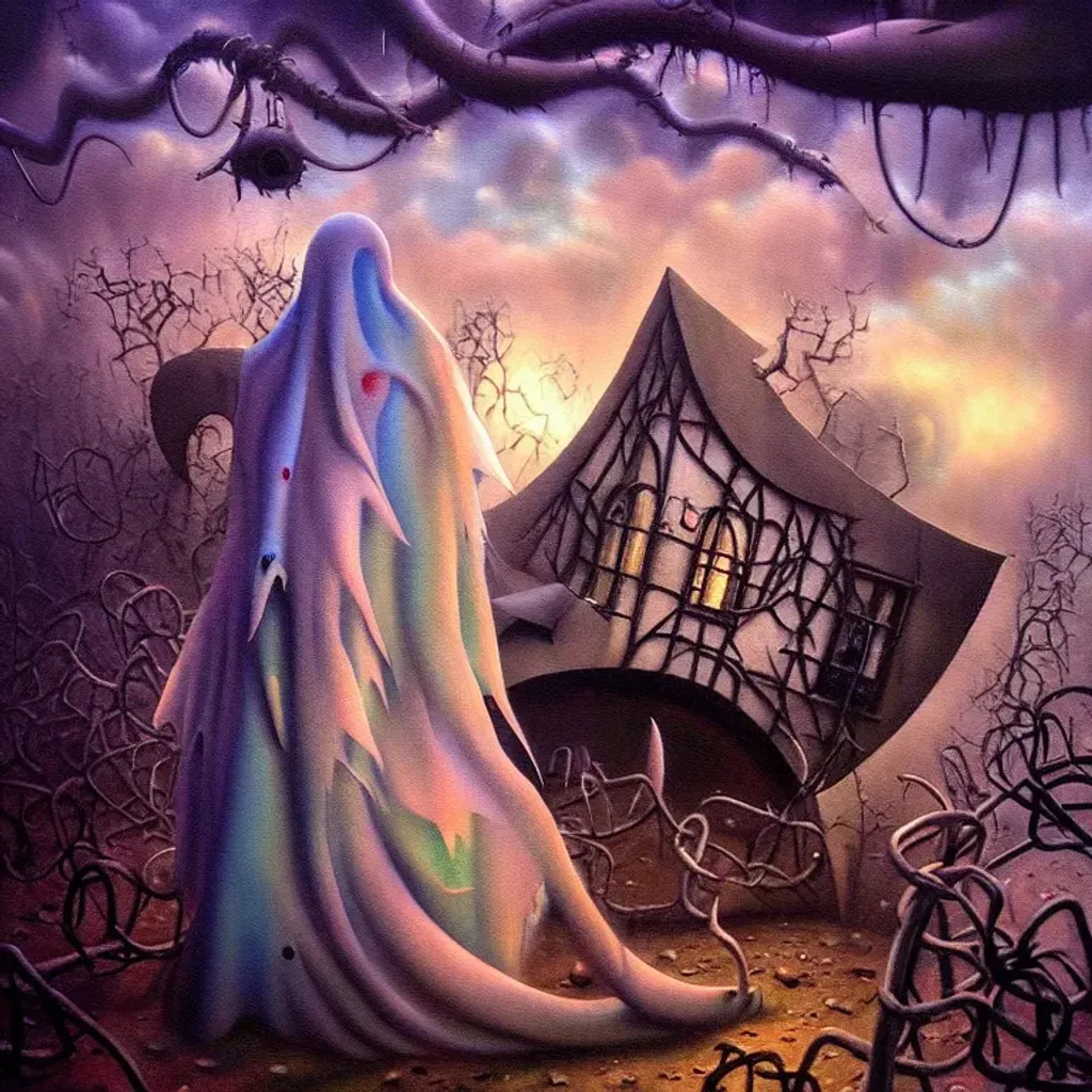 Prompt: An expressive surrealism oil painting of a ghost in a cosplay costume lost in a maze. 
spooky, foggy atmosphere. Scary. Haunted. Bokeh. Concept art. Highly detailed, expressive surrealistic oilpainting, colorful, digital art, digital airbrush, 8K.  Clear Detailed sharp Cartoon anime manga cover by Anna Dittmann, tim Burton, Gil Elvgren, Tom Bagshaw, Elsa Beskow, Hayao Miyazaki.